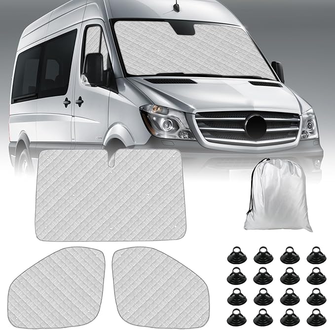 Mercedes Sprinter Sun Shade 2019-2023 | 3-Piece Van Window Covers with Thermal Insulation & UV Protection | Car Window Shades (Front Windshield & Side Covers)