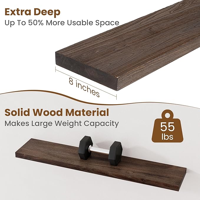 Floating Shelves for Wall Decor, 8 Inch Deep Rustic Solid Elm Wood Floating Shelves Wall Mounted, Wall Shelves with Invisible