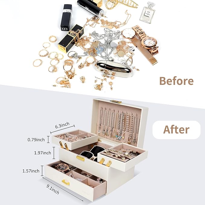 Dajasan Jewelry Organizer Box, Large Jewelry Boxes for Women Girls, Space-Saving 3 Layers Jewelry Storage Case with Drawer, M