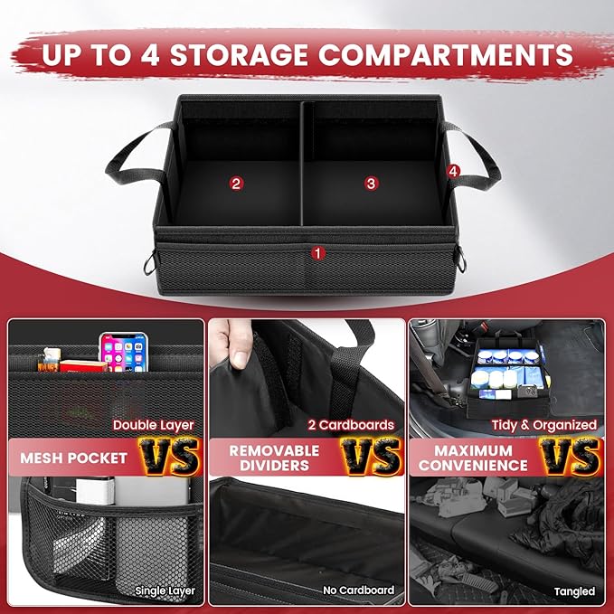 Under Seat Truck Organizer Storage Box with Removable Divider & 4 Storage Mesh Bag,Collapsible Trunk Organizer for Car, SUV,