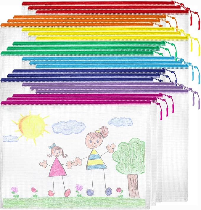 24pcs Mesh Zipper Pouch Bags Puzzle Storage Bags, A4 13x9 Inches Large Reusable Zipper Pouches for Classroom Organizing Board