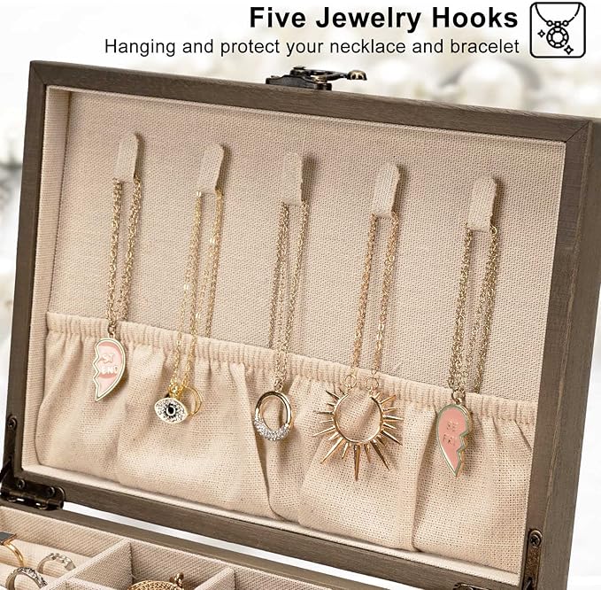 Pinzoveco Jewelry Box for Women, Rustic Wooden Jewelry Organizer Box for Storage Earrings Rings Necklace Bracelet, Farmhouse 