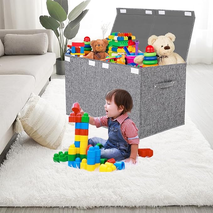VERONLY Collapsible Toy Storage Bin with Lid, 82L Large Capacity - Gray Neutral Space-Saving Organizer for Playroom, Bedroom 