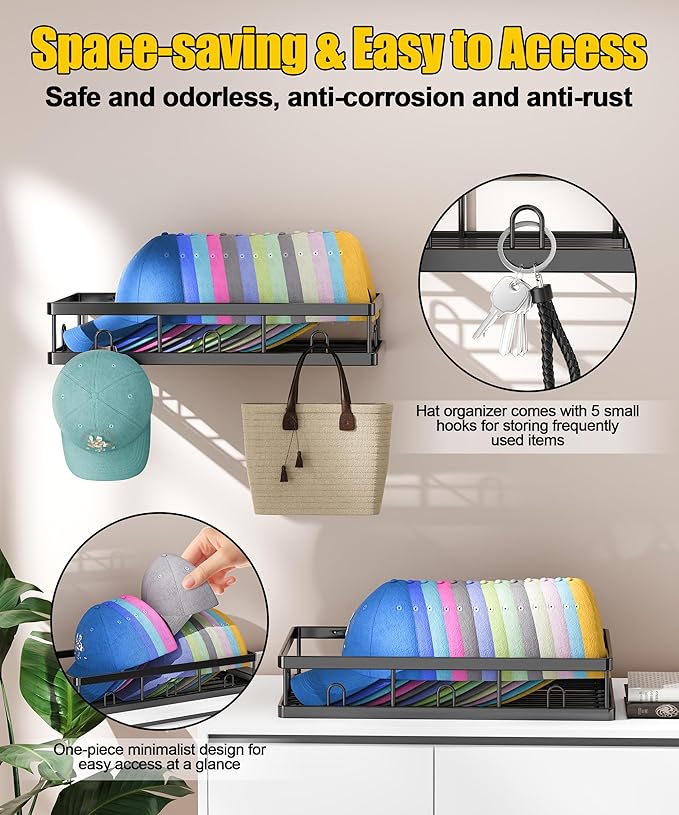 2 Packs Metal Hat Rack for Wall, Holder with Multiple Hooks, Organizer for up to 40 Baseball Caps, Sturdy Wall Drilled Rack, 