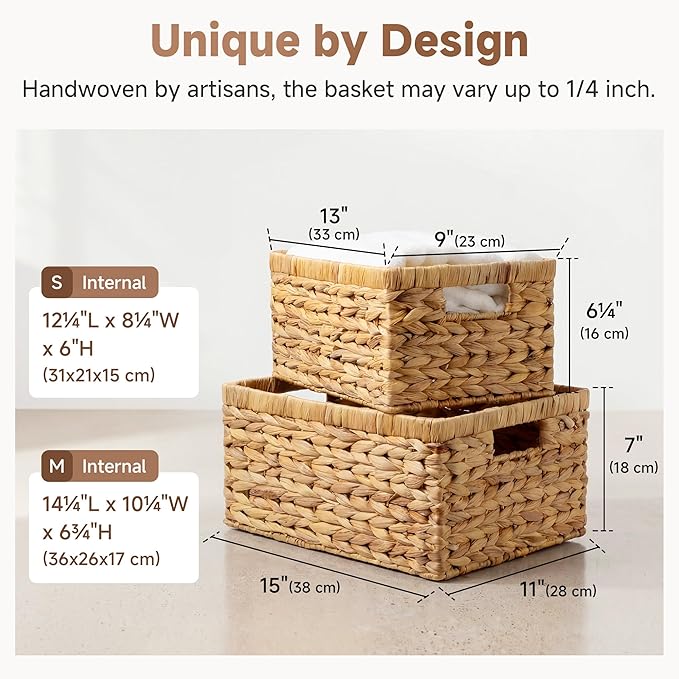 StorageWorks Wicker Storage Baskets, Handwoven Water Hyacinth Basket for Organizing, Decorative Organizers with Built-in Hand