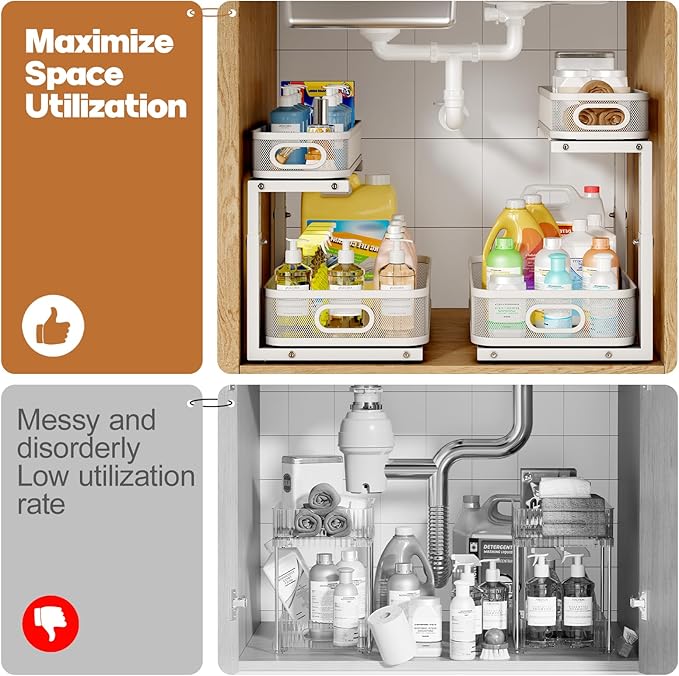 2 Pack 17.3IN-Depth Under Sink Organizer with Smooth Cylindrical Rail,2-Tier Pull Out Multi-Purpose Cabinet Storage for Bathr