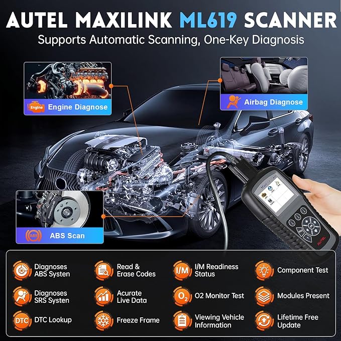 Autel Maxilink ML619 OBD2 Scanner, New Autel Scanner Upgraded Version of AL519/AL619, Code Reader with ABS SRS Diagnoses for