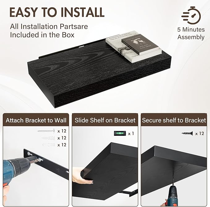 24 Inch Floating Shelves, 12" Deep Floating Shelf Wall Mounted, 24" Wall Shelves, Rustic Deep Bookshelf, Extra Deeper & Thick