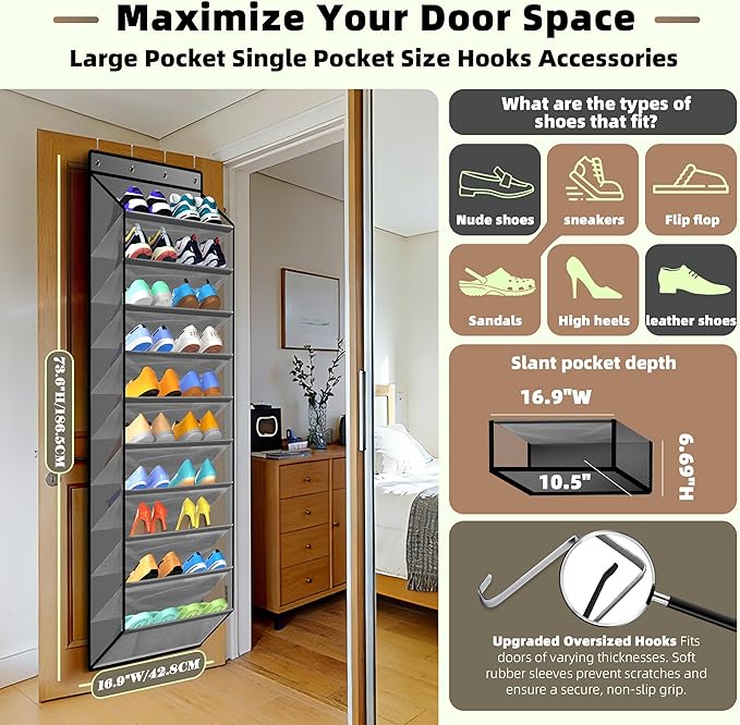 PAULONE 10-Pocket Multi-Use Over the Door Organizer, Heavy Duty 95lbs Capacity with Breathable Mesh, Versatile Hanging Storag