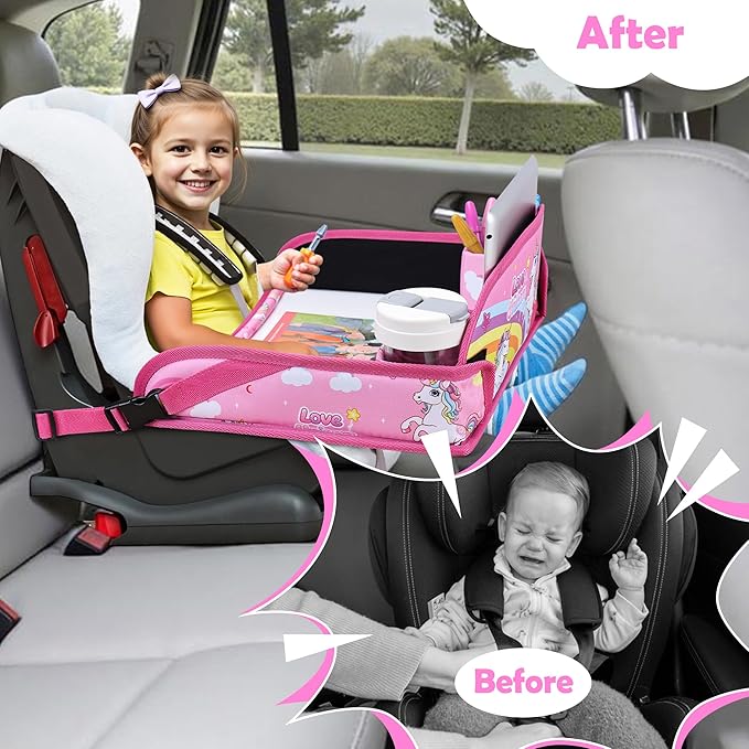 Kids Travel Tray for Toddler Carseat, Road Trip Activities Essentials for Toddler, Kids Lap Desk Tray with Tablet Holder Stand ＆ Dry Erase Board (Pink Unicorn)