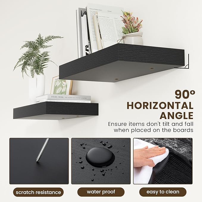 12 Inch Deep Floating Shelves | 24 Inch Black Floating Shelves | 24W x 12D Rustic Black Wall Shelves | Deep Shelves for Livin
