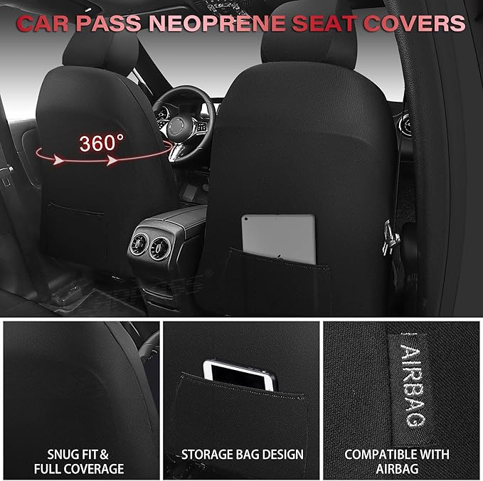 CAR PASS Waterproof Car Seat Covers Full Set,Neoprene Car Seat Covers 5 Seats,3D Tyre Embossed Wetsuit Seat Covers All-Weathe
