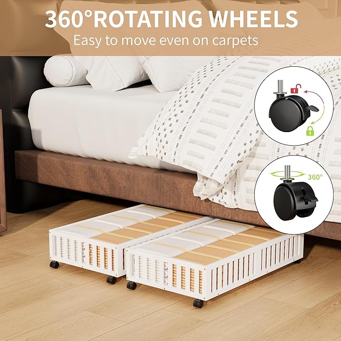 Bamboo Under Bed Storage with Wheels,Rolling Underbed Shoe Organizer Box for Shoes,Blankets,Toys,Clothes Container Space-Savi