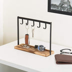 MyGift Black Metal Entryway Key Holder with 5 Hooks and Burnt Wood Base, Tabletop Necklace and Jewelry Organizer Rack with Ri