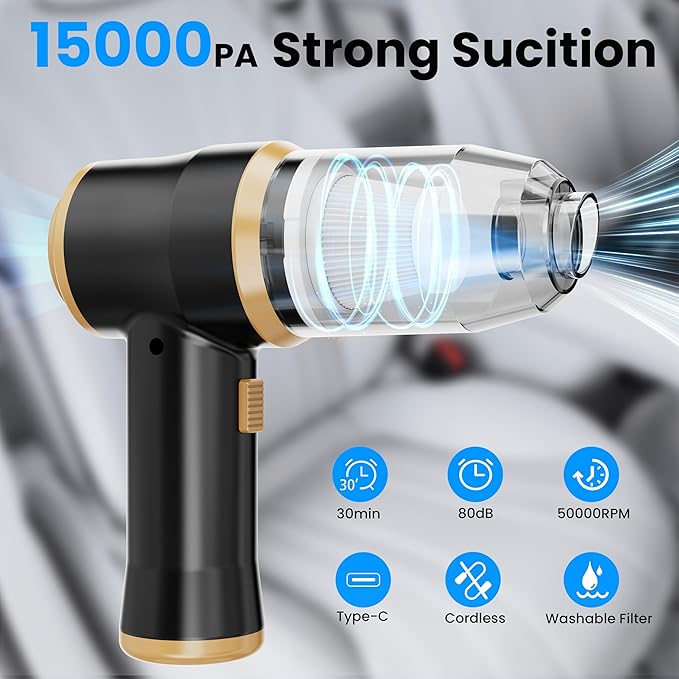 Mini Car Vacuum 15000Pa Portable Cordless Handheld Vacuum Cleaner and Air Duster with 2 Filter for Car, Sofa, Office, Pet, Ho