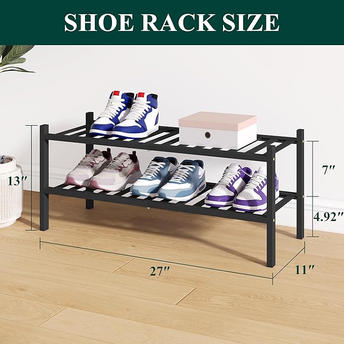 Smiry Bamboo Shoe Rack for Closet, 2 Tier Wooden Stackable Shoe Organizer, Free Standing Shoes Storage Shelf for Entryway, Fr
