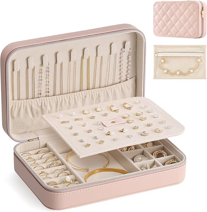 Lolalet Travel Jewelry Case for Women Girls, Travel Jewelry Organizer with Clear Storage Bag Small Portable Jewelry Box for N