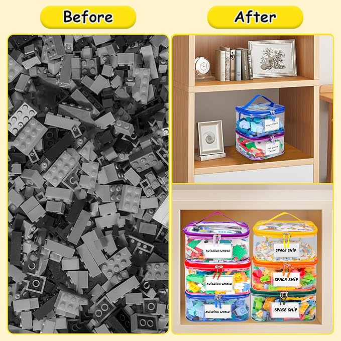 Tesuko 6 Pack Clear Toy Storage Bag with Name Tag& Manual Pocket, Waterproof Transparent PVC Toy Organizer Case for Lego Bric