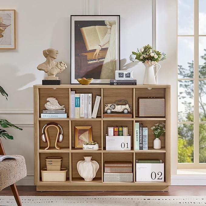 Joaxswe 12 Cube Storage Organizer, 41" Large Bookshelf with Curved Edge, Wood Floor Standing 3-Tier Cubby Bookcase with Base,