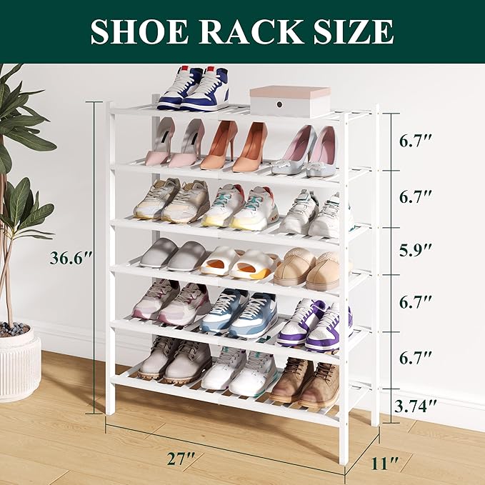 Smiry Bamboo Shoe Rack for Closet, 6 Tier Wooden Stackable Shoe Organizer, Free Standing Shoes Storage Shelf for Entryway, Fr