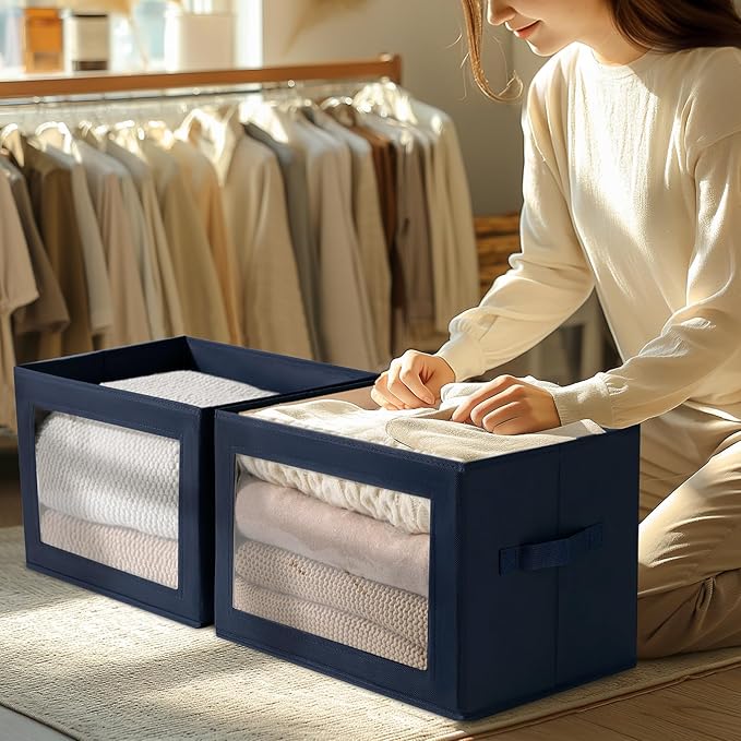 Homsorout Organizing Bins with Lid - 4 Pack Foldable Clear Window Storage Bins, Large Storage Boxes with Handles, Storage Con