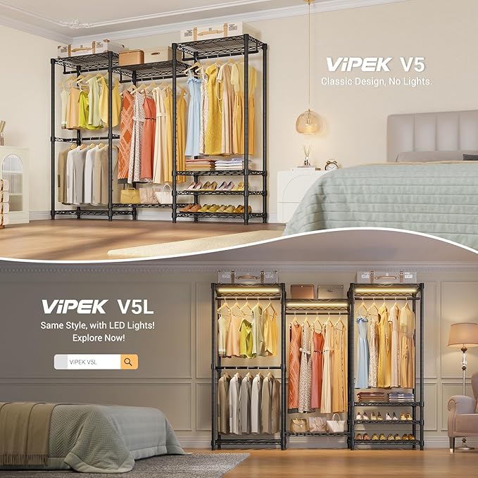 VIPEK V5 Portable Closet Wardrobe Heavy Duty Clothes Rack, Freestanding Clothing Rack with 4 Hang Rods & 8 Shelves, Adjustabl