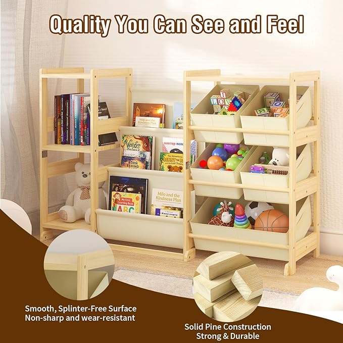 Kids Bookshelf and Toy Storage Organizer with 3-Tier Book Display and Shelves, Kids Toy Organizers and Storage with Bins, Boo