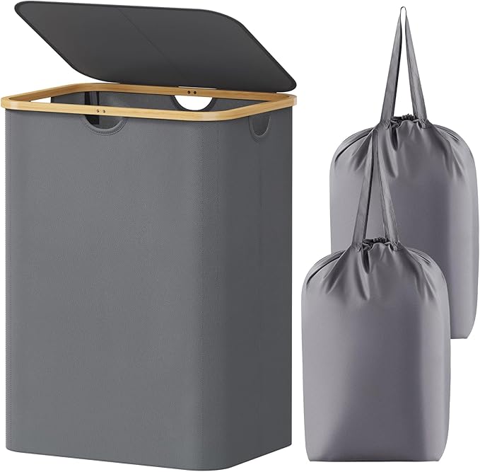 Lifewit 150L Laundry Basket with Lid, Clothes Hampers for Laundry with Bamboo Handles and 2 Removable Bags, Large Foldable La