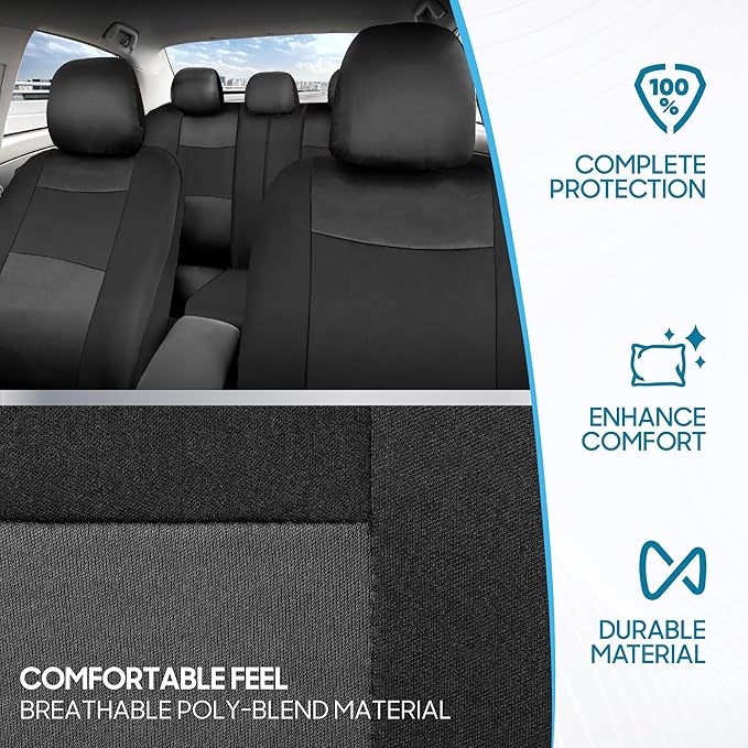 BDK PolyPro Car Seat Covers Full Set in Charcoal on Black – Front and Rear Split Bench for Cars, Easy to Install Cover Set, A