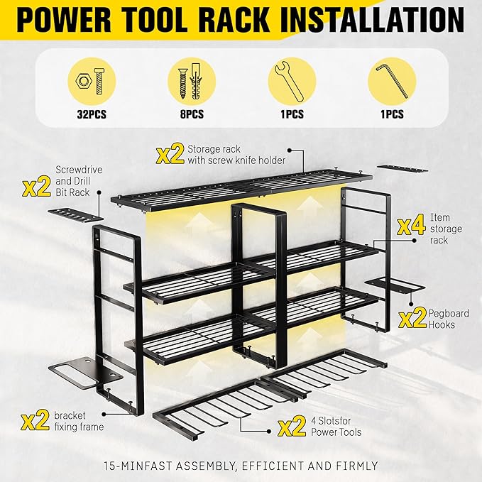 Hipidian Power Tool Organizer Wall Mount - Storage Rack with 4 Drill Holders for Drills Cordless Tools. Heavy Duty Iron Garag