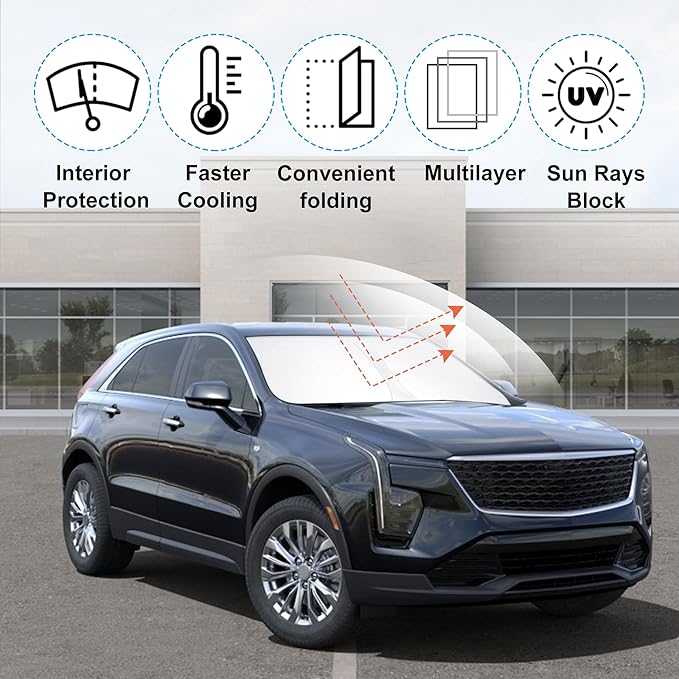 Front Windshield Sun Shade Foldable Car Front Window Sun Shade Windshield Shade Custom Fit for 2019-2024 2025 Cadillac XT4 Block UV Rays Accessories Heat Keep Cooler