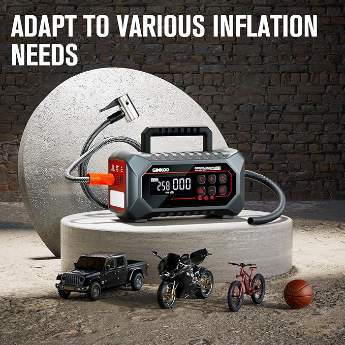 GOOLOO A7 Jump Starter with Air Compressor 6000A &160PSI 12V Car Battery Jumper Starter Portable Booster Pack 12-in-1 Jump