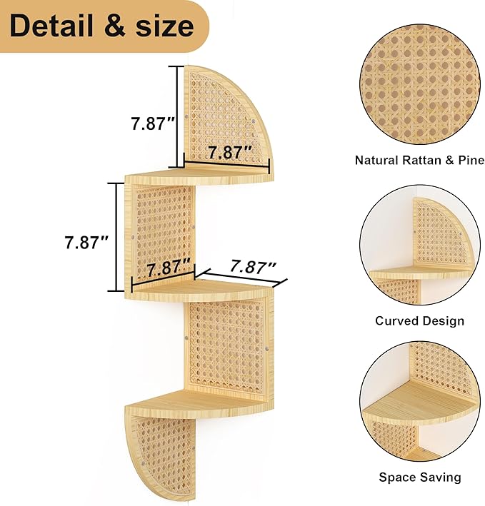 3-Tier Corner Shelf - Wooden Rattan Wall Mounted, Zig Zag Hanging Shelves for Bedroom, Living Room & Bathroom