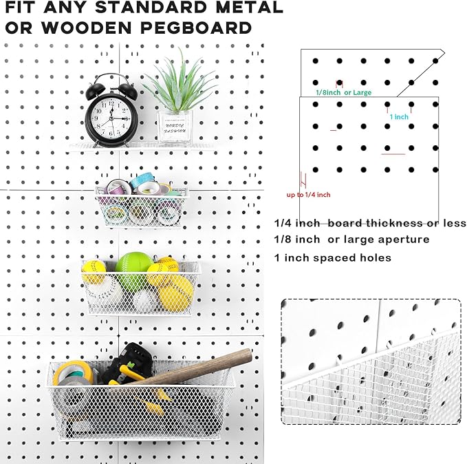 Sieral 6 Pieces Pegboard Baskets Wall Mount Wire Peg Board Baskets 3 Sizes Pegboard Accessories Slatwall Bins Basket Home Gar