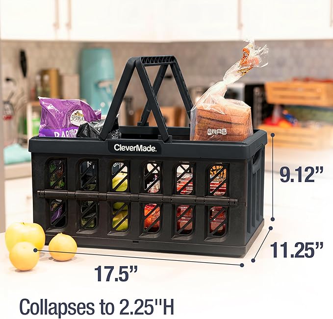 CleverMade Collapsible Shopping Basket with Handles - 24L 3 Pack Collapsible Grocery Tote, Plastic Storage Baskets Fold Flat, S