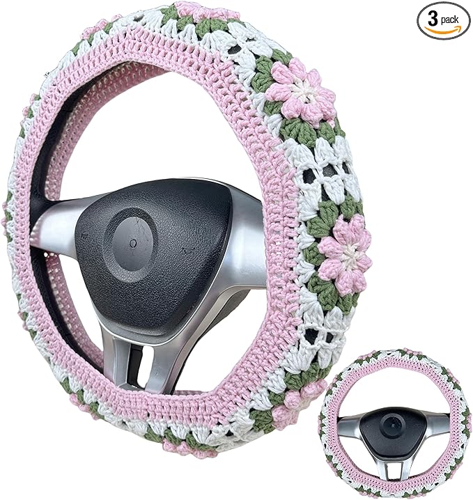 Handmade Crochet Pink and Green Cute Flower Steering Wheel Covers Universal 14-15 inch for Women and Men,New Car Gift,Handmade Gift,Gift for her