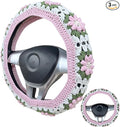 Handmade Crochet Pink and Green Cute Flower Steering Wheel Covers Universal 14-15 inch for Women and Men,New Car Gift,Handmade Gift,Gift for her