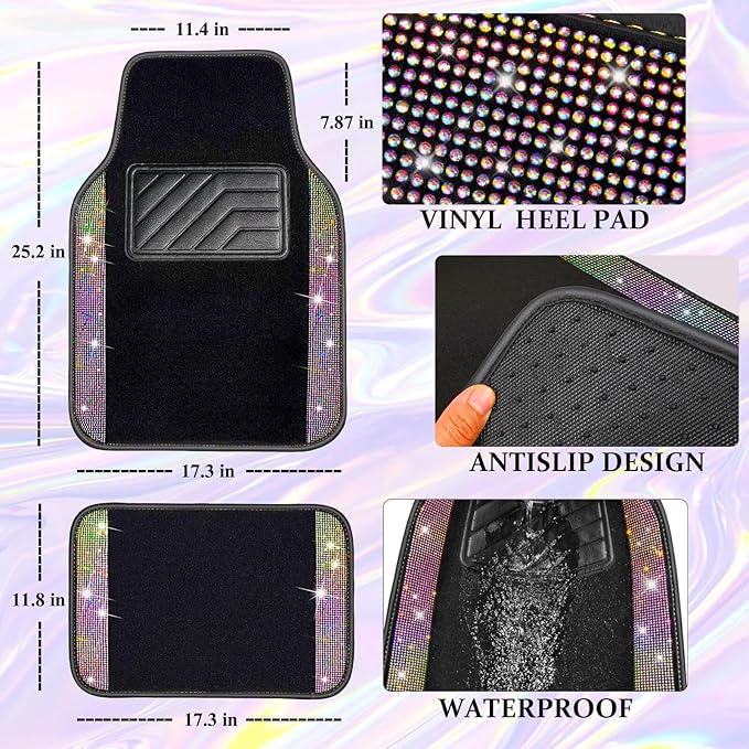 CAR PASS Bling Diamond Leather Steering Wheel Cover 14.5in-15in Floor Mats Shining Rhinestone Carpet Sparkly Glitter Crystal Anti-Slip Pad Fit Automotive SUV Pickup Truck Girl Women, 5pcs Multicolor