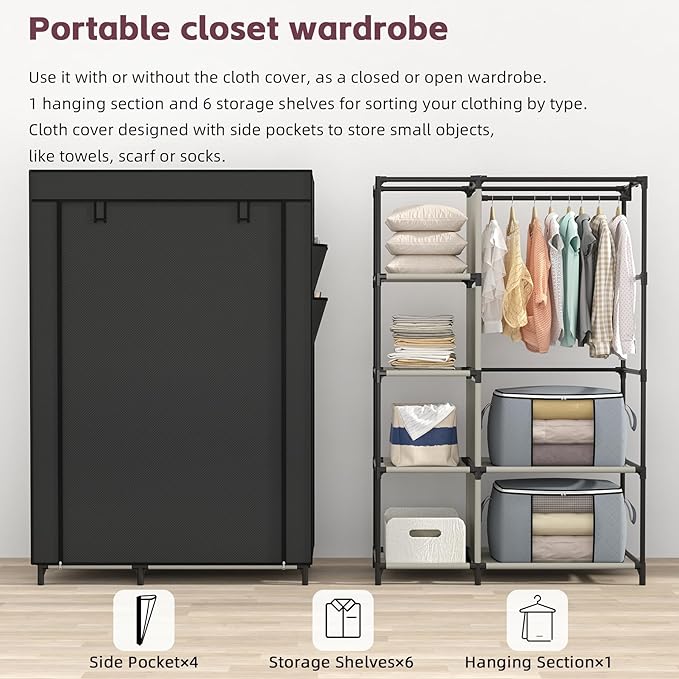 Calmootey Portable Closet, Wardrobe with 6 Shelves and Hanging Rod, Storage Organizer for Bedroom, Non-Woven Fabric Cover wit
