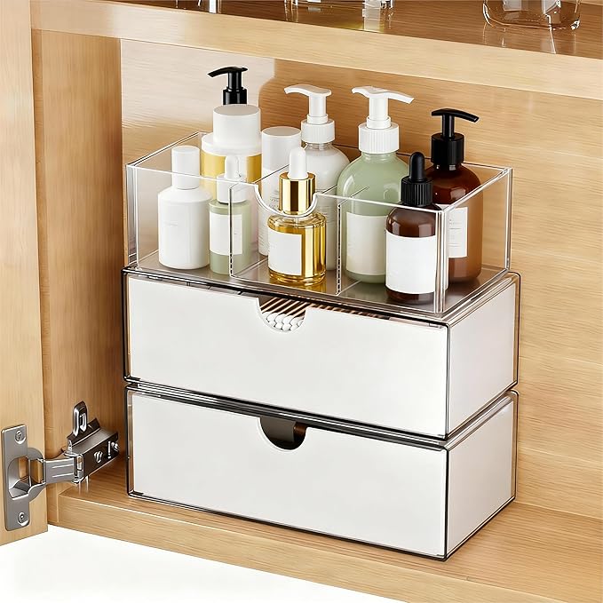 3 Tier Medicine Cabinet Organizer and Storage,Stackable Bathroom Medicine Organizer with Removable Dividers, Plastic Vanity S