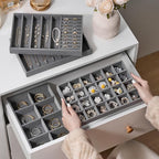 Velvet Jewelry Drawer Organizer Trays – Large Grey Stackable Jewelry Storage Inserts Set, 4-Layer Jewelry Tray Set for Earrin