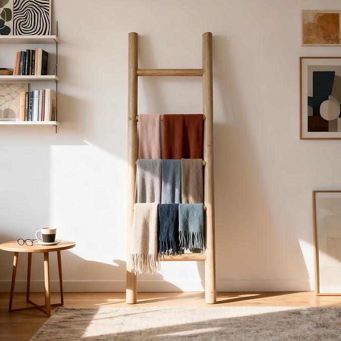 Wooden Blanket Ladder - 57in Natural Wood Color- Leaning Wall Decor for Bedroom, Bathroom, Living Room - Rustic Quilt Holder 