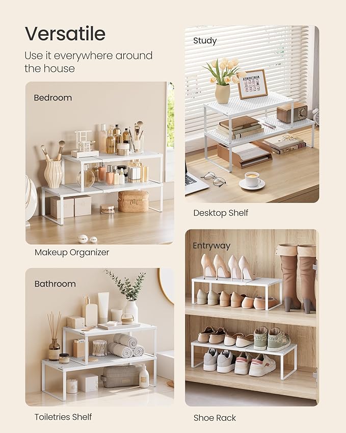 SONGMICS Spice Racks, Set of 4 Expandable Kitchen Countertop Shelves, Small Cupboard Organizers, Metal, Space-Saving Tabletop