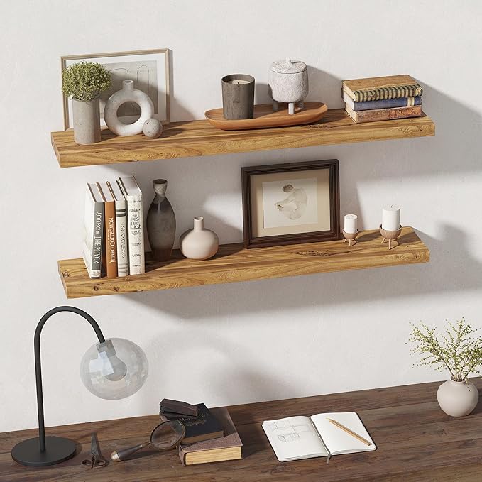 Rustic Wood Floating Shelves for Wall Decor, Elm Wood Shelves 48 Inch Long, 8 Inch Deep Floating Shelf with for Living Room B