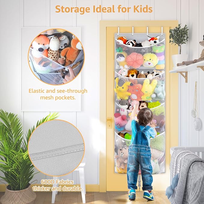 Woodoulogy Hanging Stuffed Animal Storage, Over Door Large Plush Toy Organizer with Metal Hook, Baby Accessory Holder Idea fo