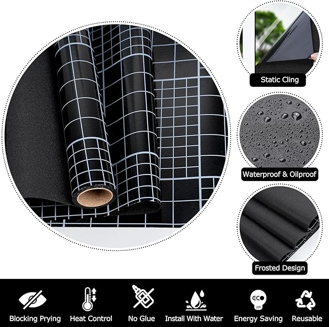 HIDBEA Blackout Window Film,100% Light Blocking Room Darkening Window Privacy Film,Frosted Glass Window Film Heat Control, Removable Window Cover Tint for Day Sleep (Black,35.4in x 6.5ft)