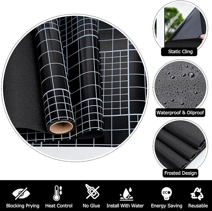 HIDBEA Blackout Window Film,100% Light Blocking Room Darkening Window Privacy Film,Frosted Glass Window Film Heat Control, Removable Window Cover Tint for Day Sleep (Black,17.3in x 13.1ft)