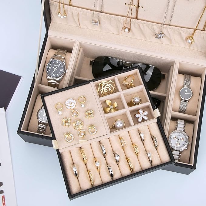 LANDICI Jewelry Box Organizer for Men Women, 2 Layer 4 Slot Watch Storage Case with Removable Tray, PU Leather Large Jeweller