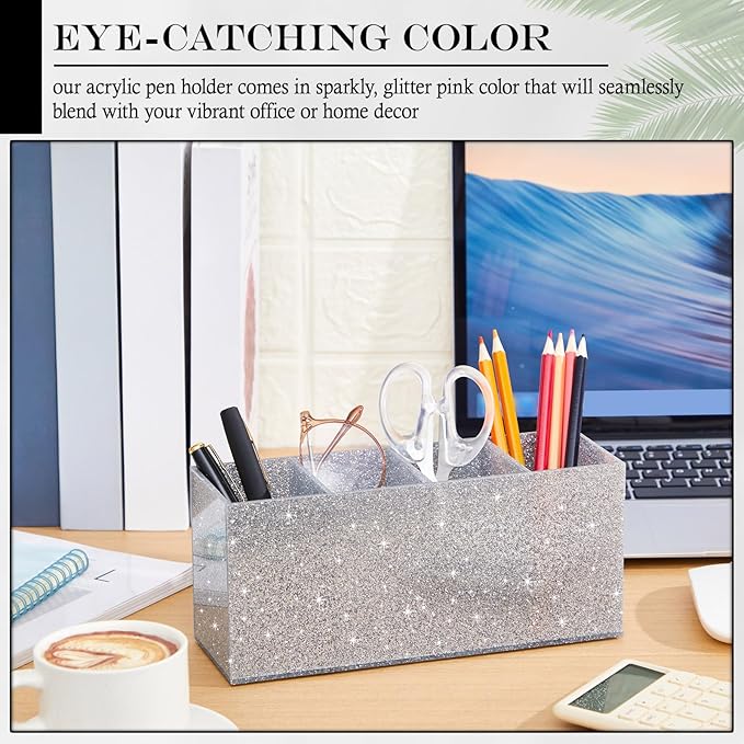 Jetec Acrylic Glitter Pen Holder 4 Compartments Bling Makeup Brush Stationery Organizer Pencil Holder for Desk Accessories Sp