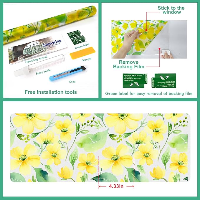 SOMWISE Frosted Glass Window Film, Heat Insulation, UV Block, Anti-Glare, One Way Privacy Tint, Static Cling for Home Bathroom Door, Renter Friendly, Day & Night Privacy